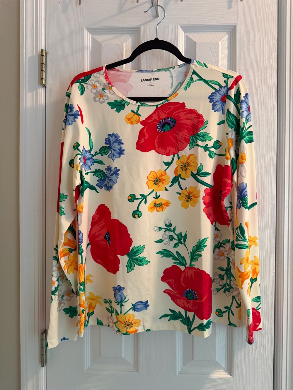Lands' End Cream Long-Sleeve Tee with Red, Yellow & Blue Floral Print